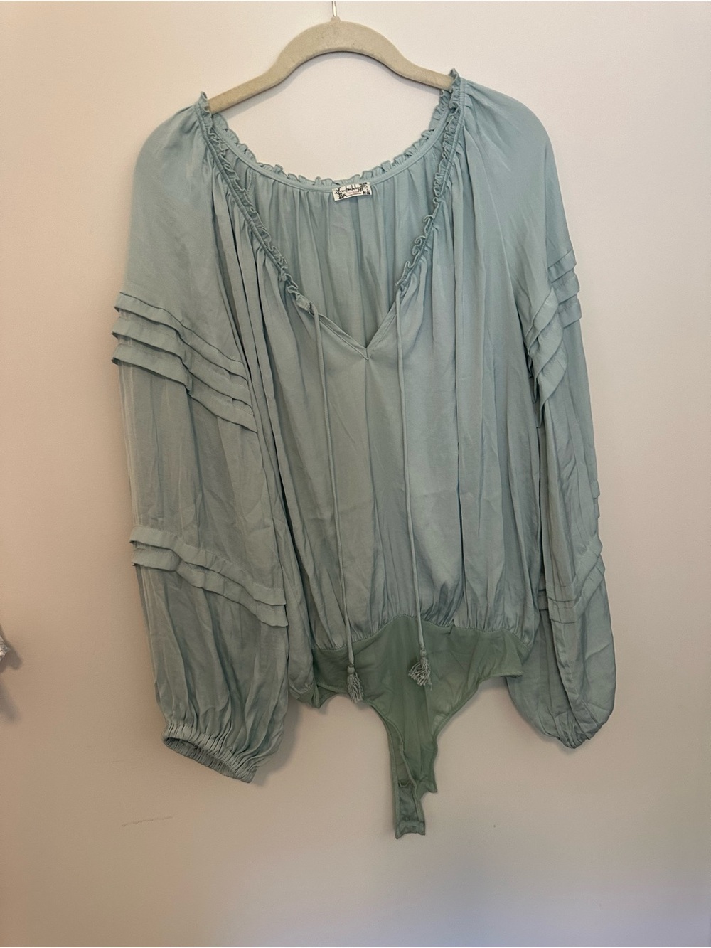Free People Sage Green Boho Tie-Front Long Sleeve Bodysuit